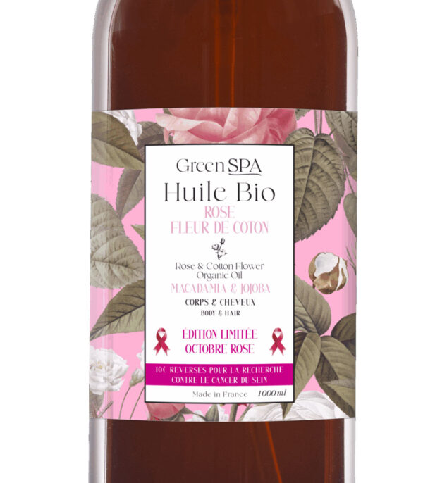 Huile de massage BIO Rose & Fleur de coton – Édition limité Octobre Rose – 1L Zoom
