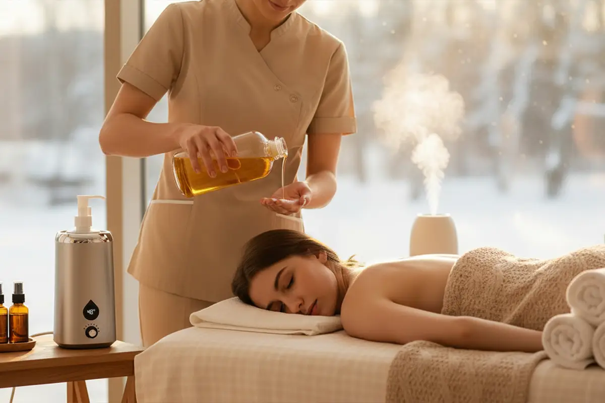 Massage en hiver : check-list pour linge, chauffe et huiles plus riches