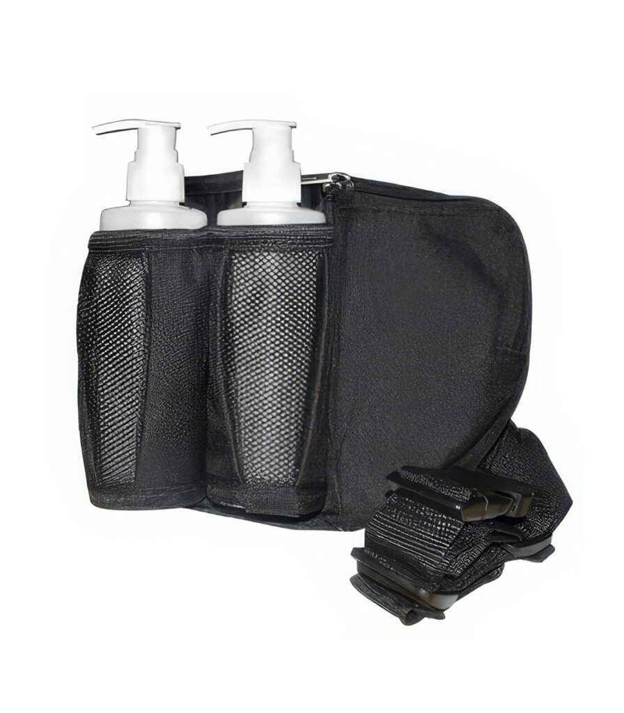 holster à double flacon pompe porté à la ceinture pour le massage à domicile
