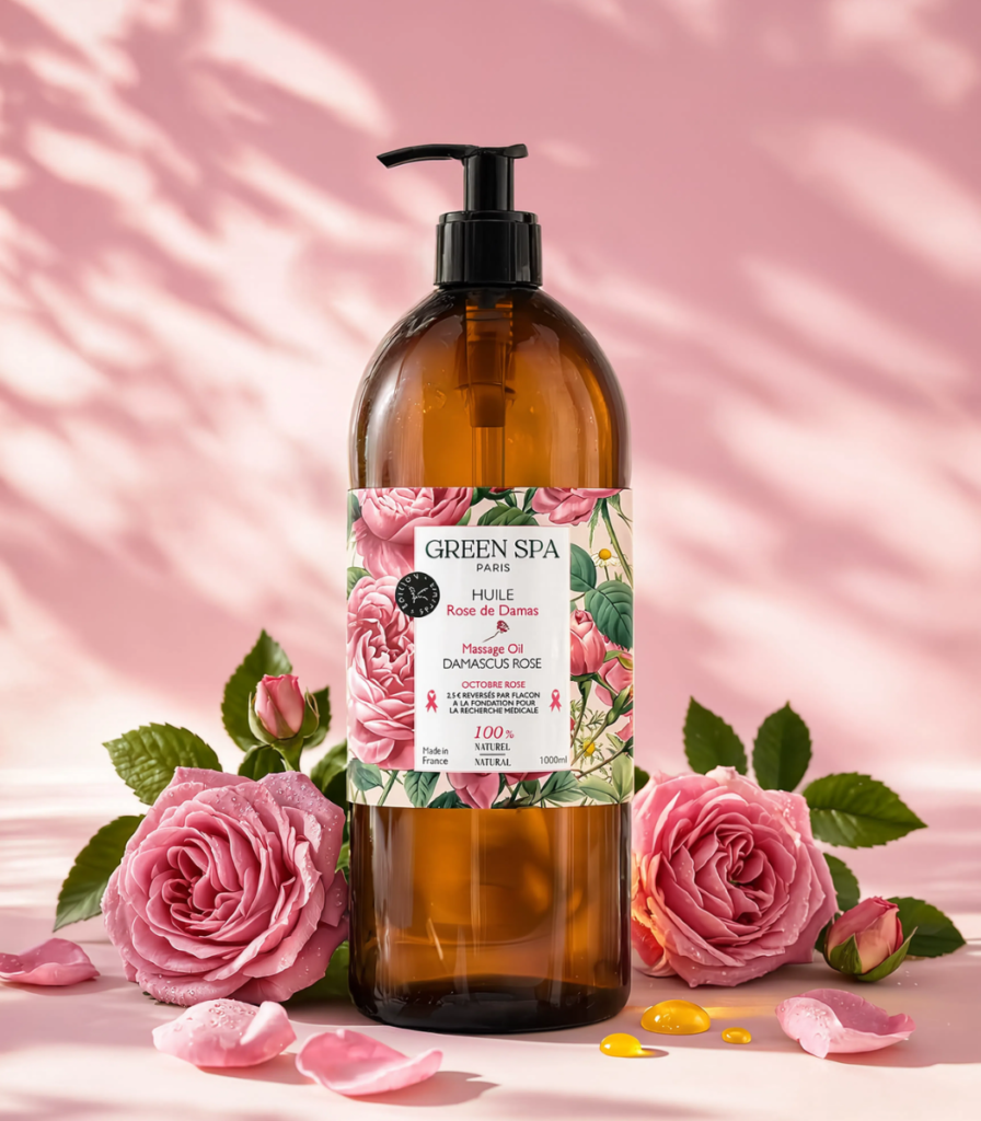 Flacon pompe d'un litre d'huile de massage Rose et Oud, édition limitée Octobre rose